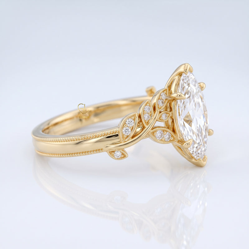 Luxury Marquise Cut Lab Grown Diamond Leaf Vine Engagement Nature Inspired Ring