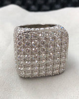 Square design round-cut moissanite diamond men's ring, sterling silver and gold, Gemlux Hip-Hop Collection