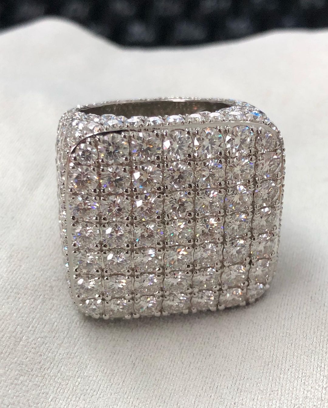 Square design round-cut moissanite diamond men's ring, sterling silver and gold, Gemlux Hip-Hop Collection