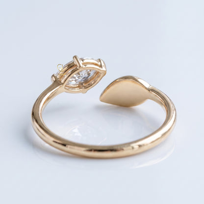 Open band marquise cut lab-grown diamond leaf ring, detail view, Gemlux Engagement Collection