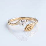 Open band marquise cut lab-grown diamond leaf engagement ring, yellow gold, IGI certified, Gemlux Engagement Collection