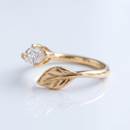 Open band marquise cut lab-grown diamond leaf ring, side angle, IGI certified, Gemlux Engagement Collection