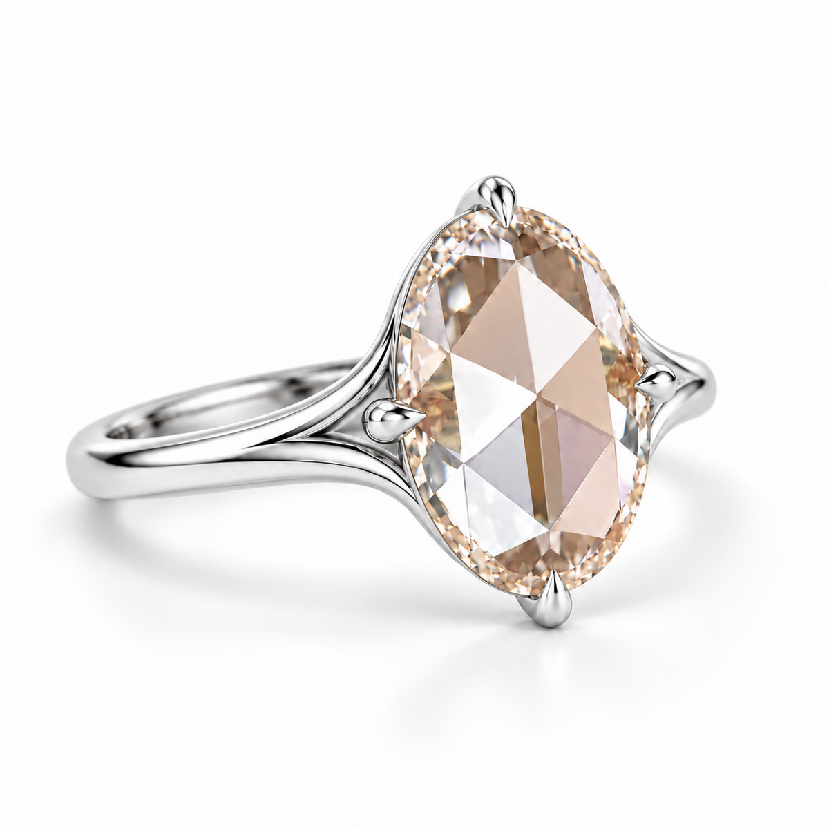 Oval rose-cut lab-grown diamond solitaire engagement ring with a four-prong compass setting and sculpted white-metal band