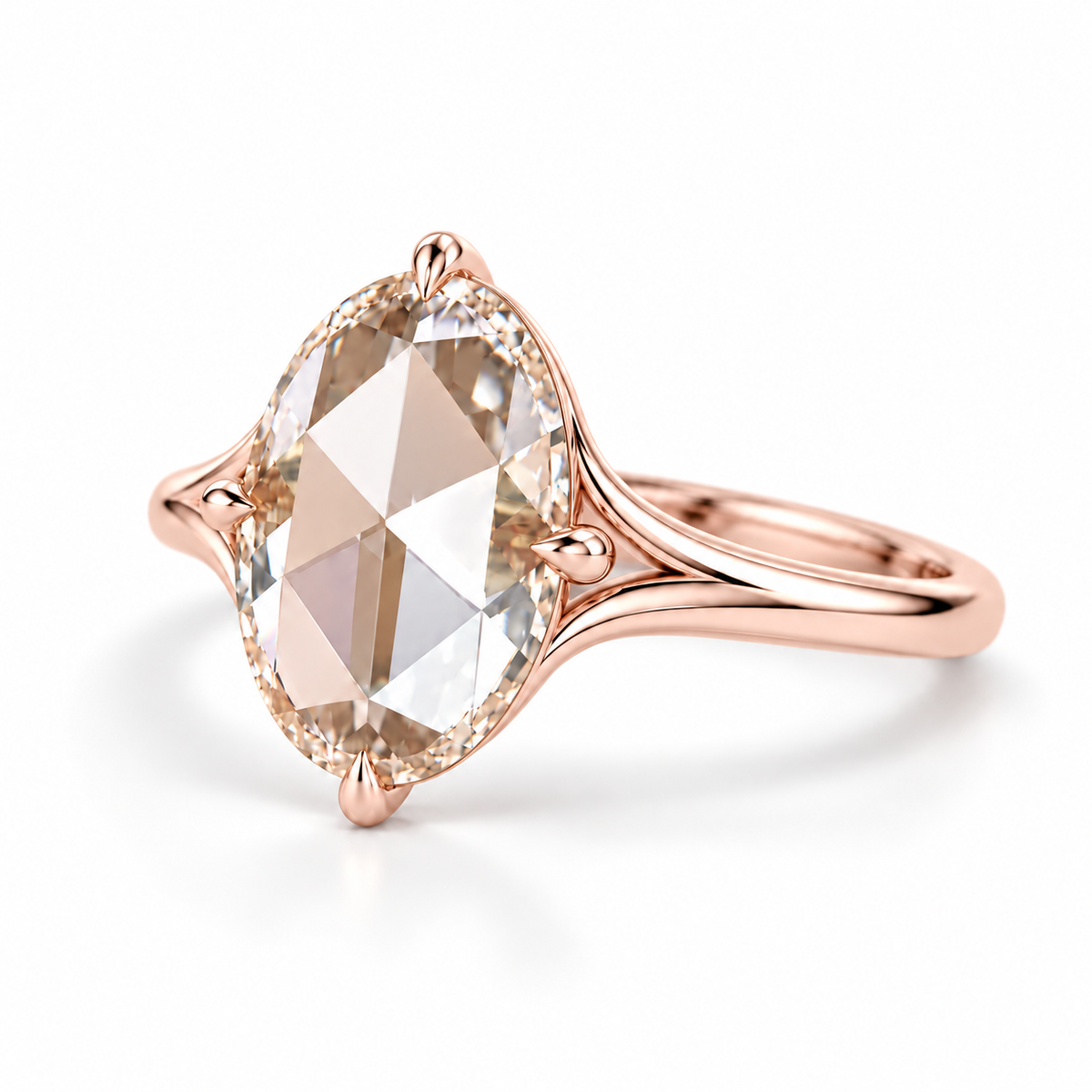 Oval rose-cut lab-grown diamond solitaire engagement ring with a four-prong compass setting and sculpted white-metal band