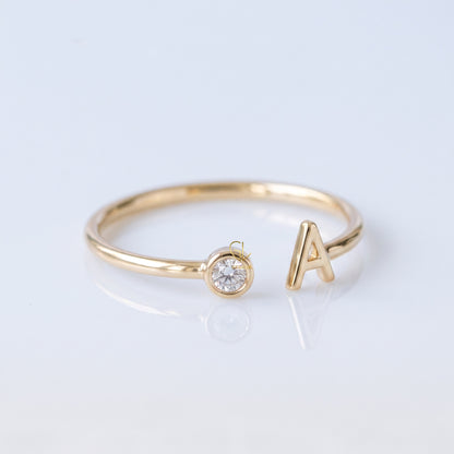 Personalized initial letter lab-grown diamond open ring, additional angle, Gemlux Engagement Collection
