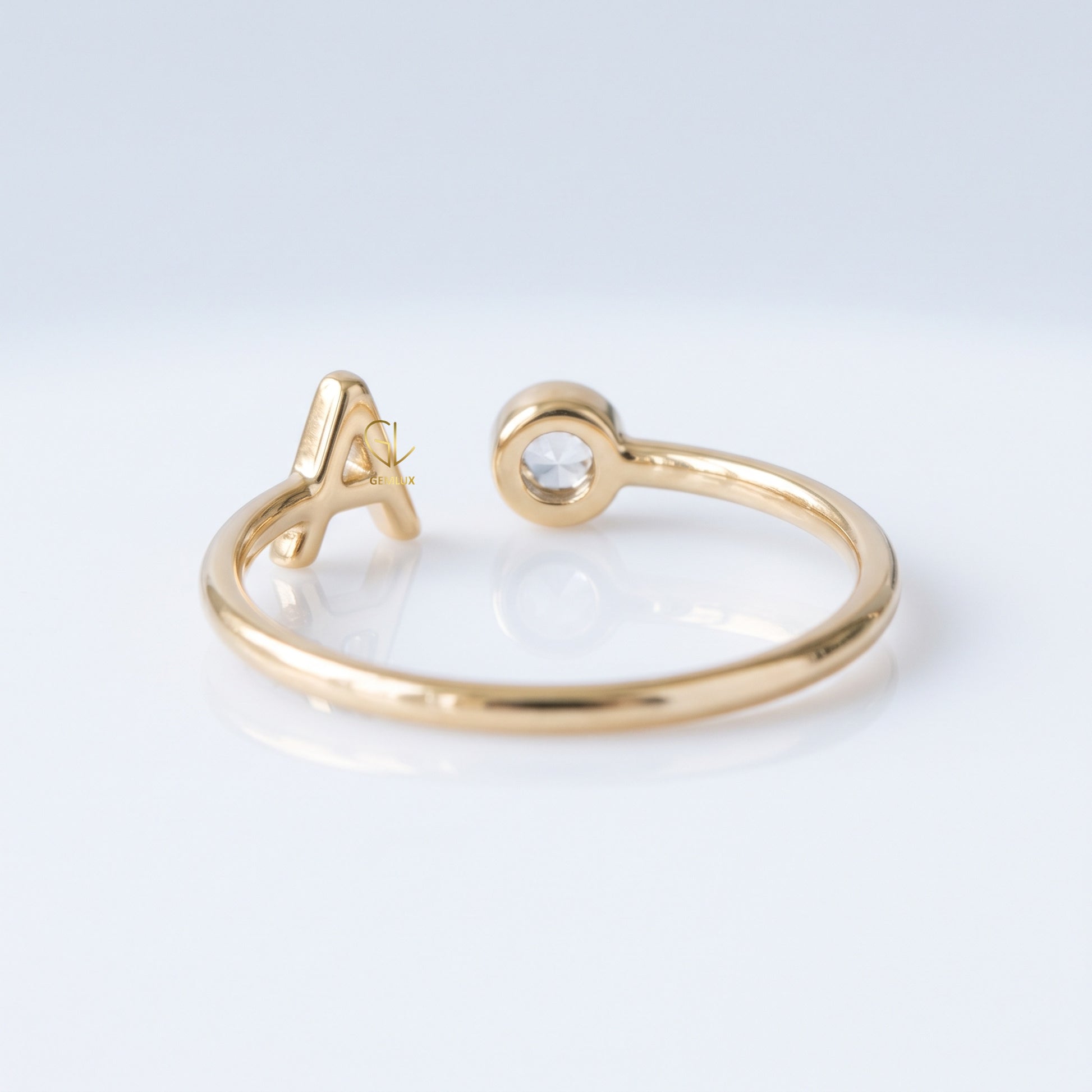 Personalized initial letter lab-grown diamond open ring, detail view, Gemlux Engagement Collection