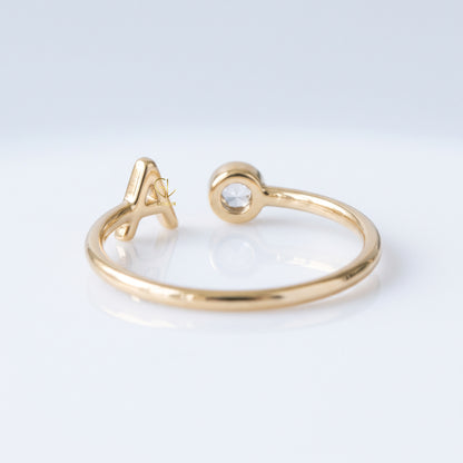 Personalized initial letter lab-grown diamond open ring, detail view, Gemlux Engagement Collection