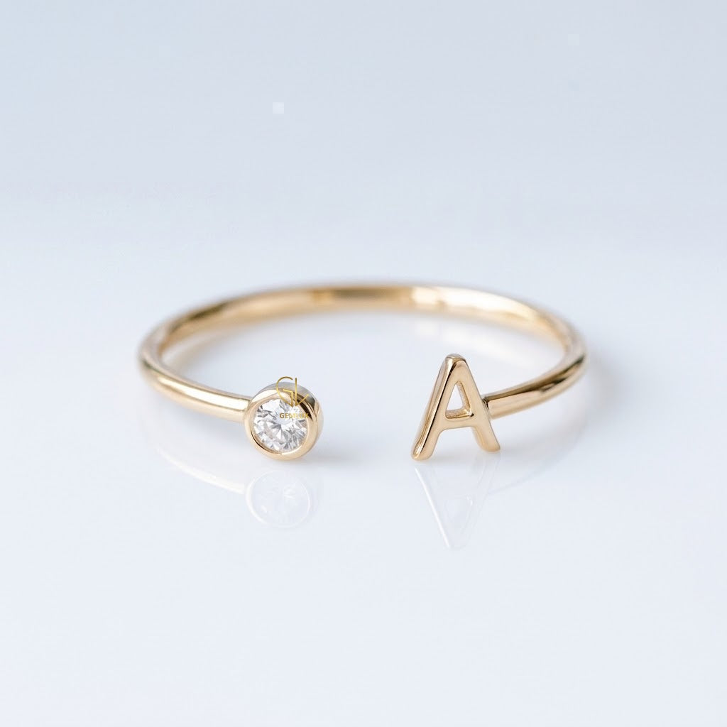 Personalized initial letter lab-grown diamond open ring, yellow gold, EGL certified, Gemlux Engagement Collection