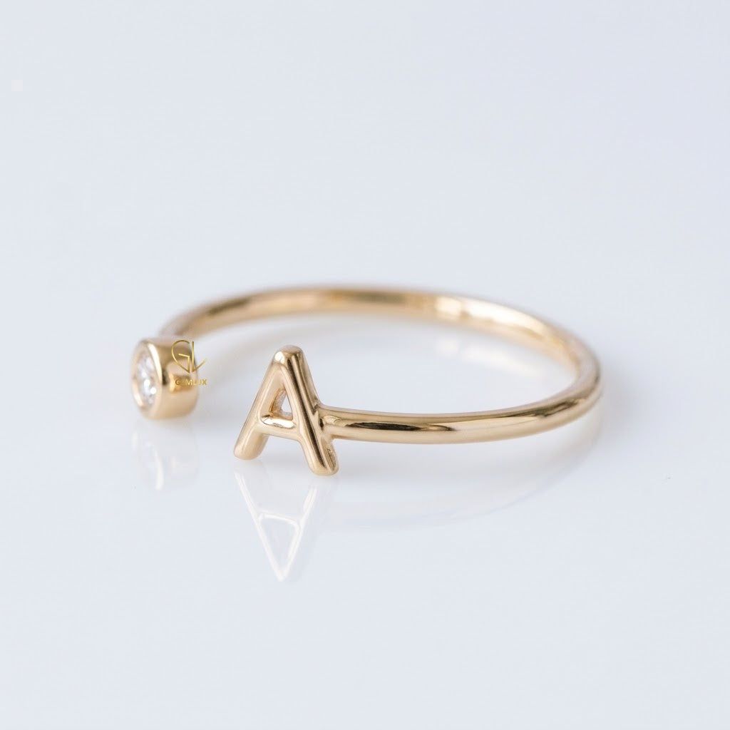 Personalized initial letter lab-grown diamond open ring, side angle, Gemlux Engagement Collection