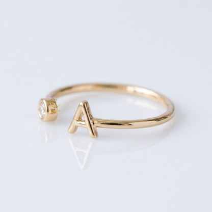 Personalized initial letter lab-grown diamond open ring, side angle, Gemlux Engagement Collection