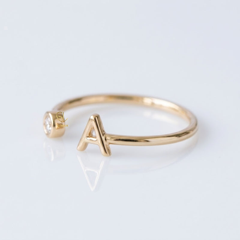 Personalized Initial Letter Lab Grown Diamond Open Ring in Solid Gold