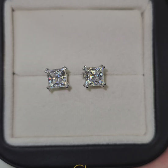 Double Prong Set Princess Sut Lab Grown Stud Earrings