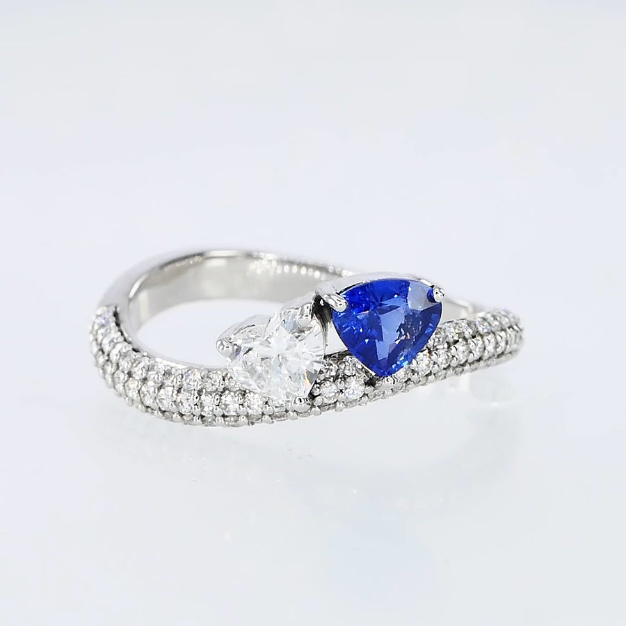 Blue Sapphire Trilliant & Heart Shape Certified Natural Diamond Two Stone Engagement Ring