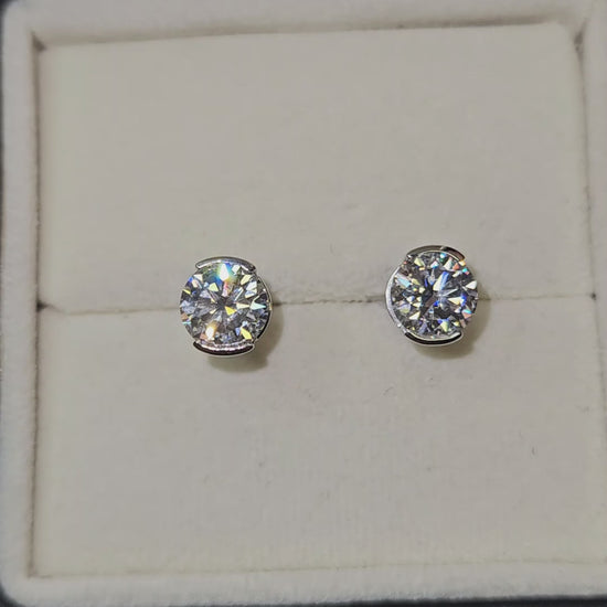 Half Bezel Set Round Lab Grown Stud Earrings