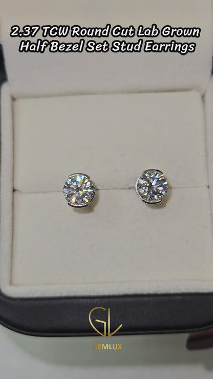 Half Bezel Set Round Lab Grown Stud Earrings