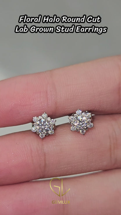 Floral Halo Round Moissanite Stud Earrings