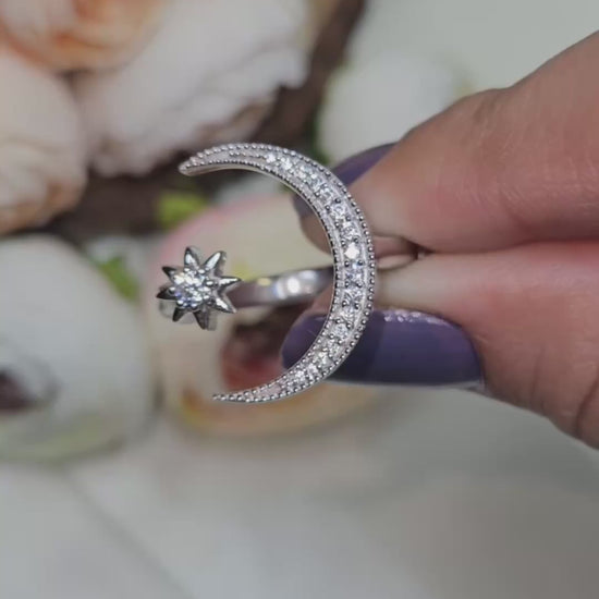 14k White Gold Open Cuff Moon Star Celestial Ring