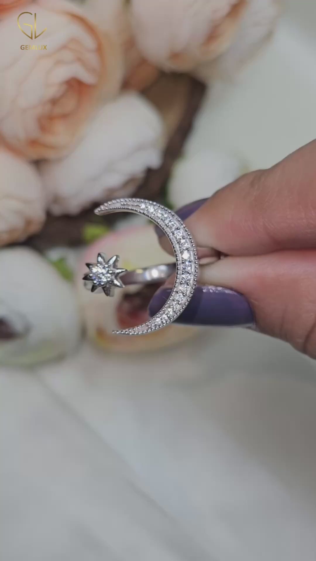 14k White Gold Open Cuff Moon Star Celestial Ring