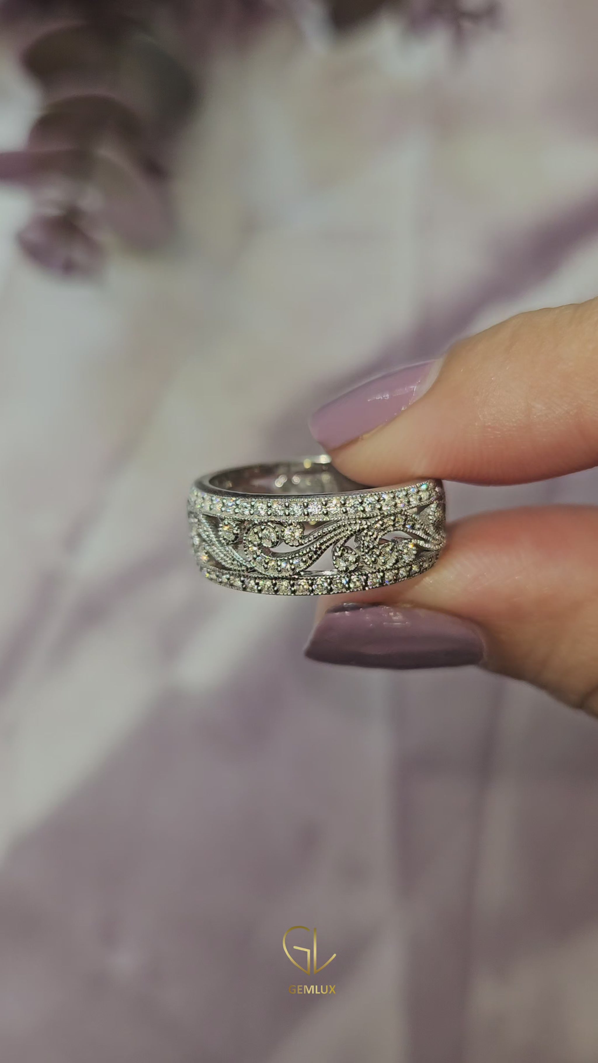 Vintage Inspired Filigree Moissanite Two Tone Wedding Band