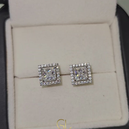 Princess Cut Halo Stud Earrings - White Gold