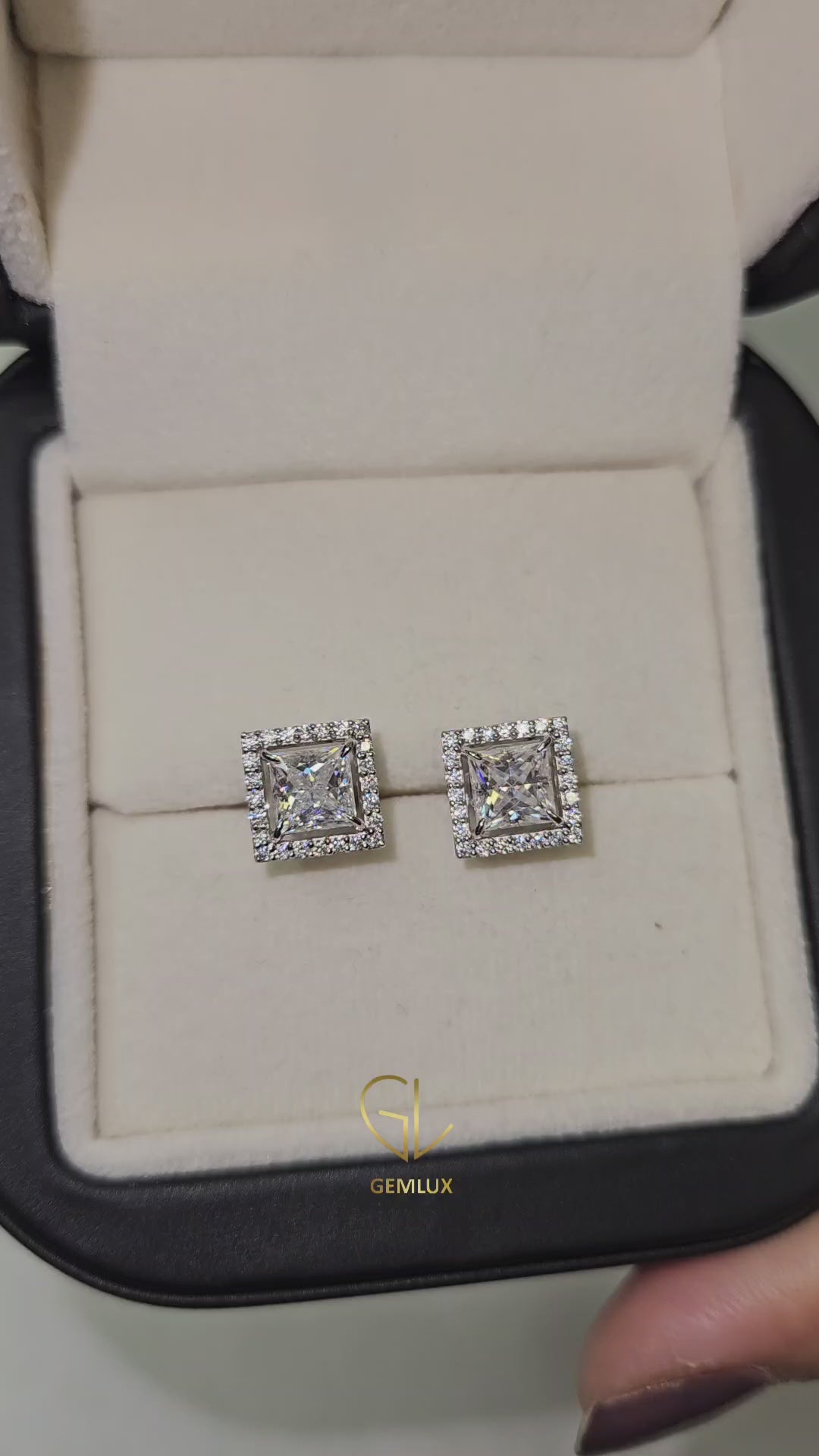 Princess Cut Halo Stud Earrings - White Gold