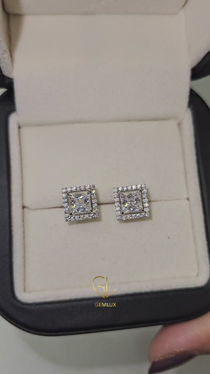 Princess Cut Halo Stud Earrings - White Gold