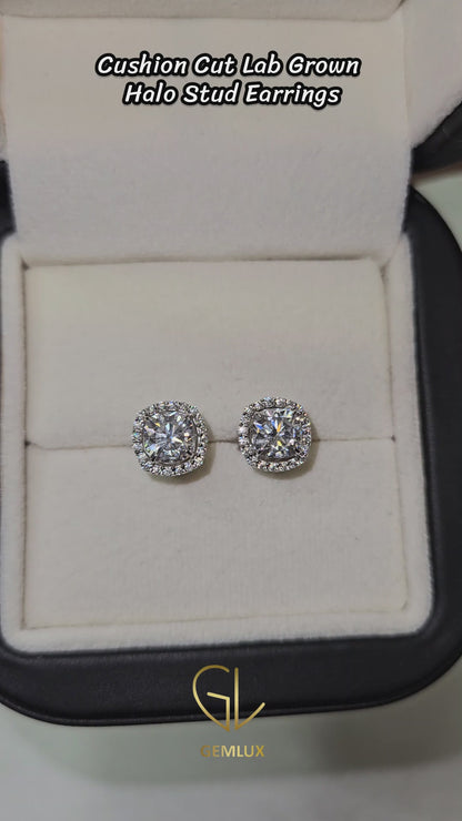 Cushion Cut Moissanite Halo Stud Earrings