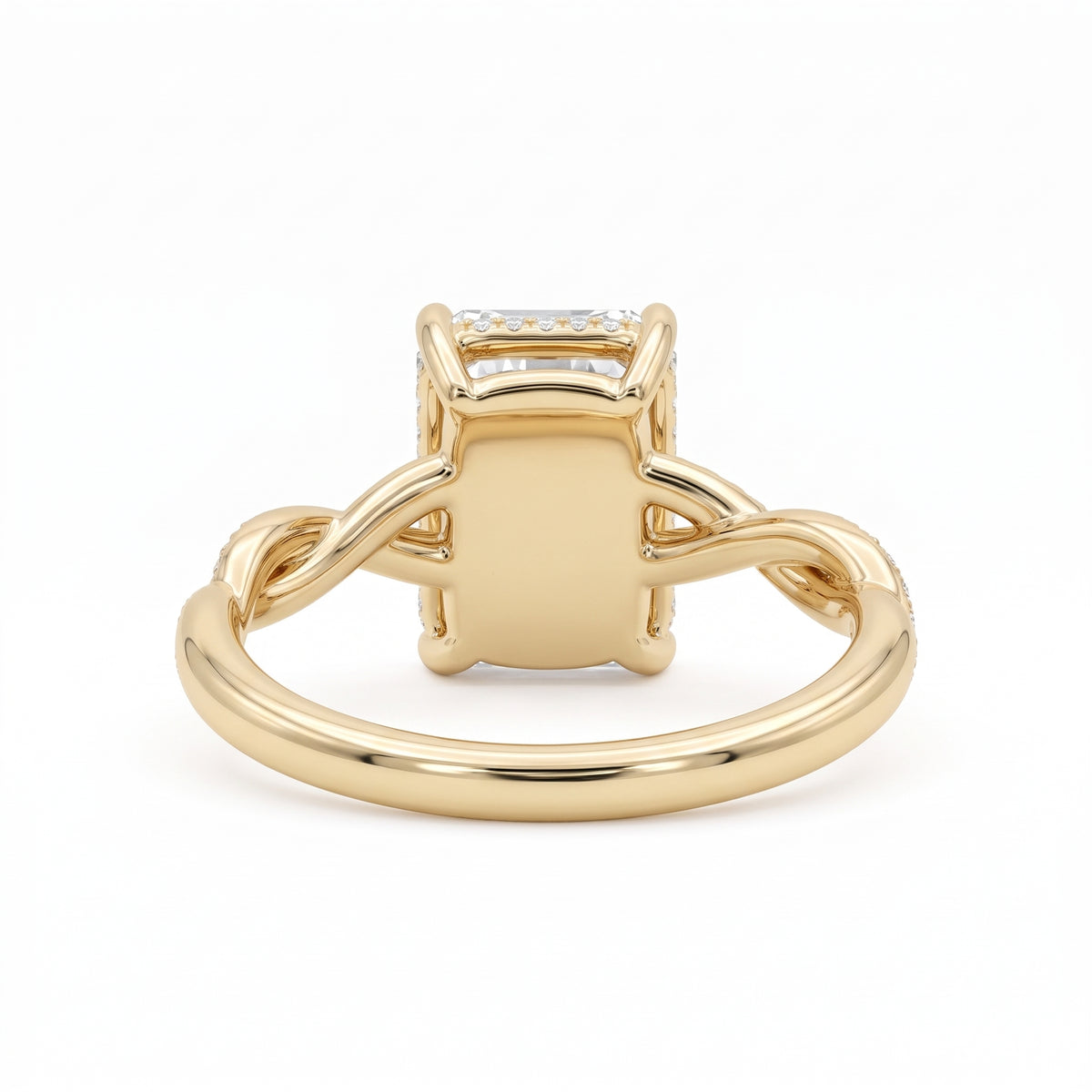 Radiant-cut engagement ring with four claw prongs and a twisted white-metal band combining polished and pavé-set strands