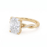 Radiant-cut engagement ring with four claw prongs and a twisted white-metal band combining polished and pavé-set strands