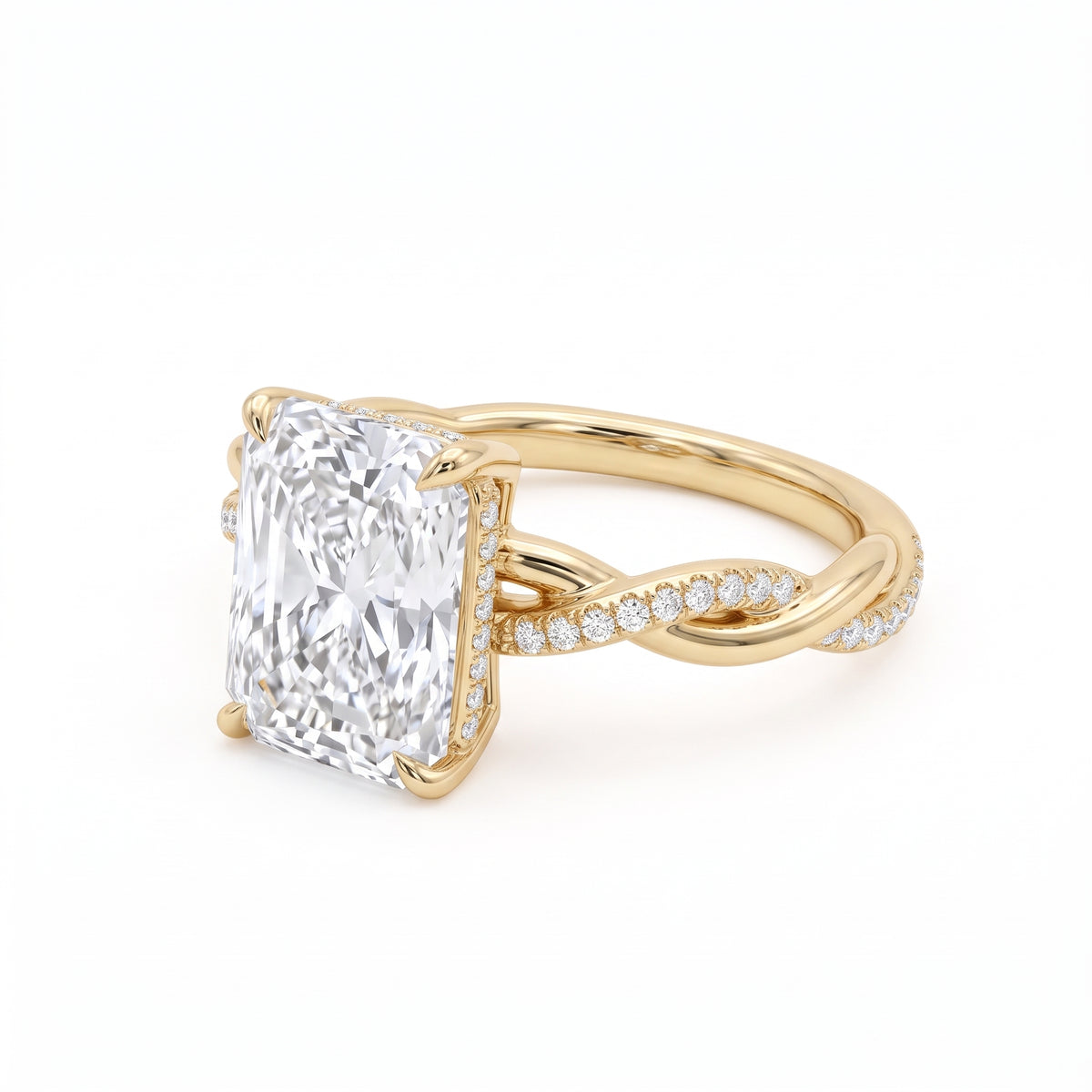 Radiant-cut engagement ring with four claw prongs and a twisted white-metal band combining polished and pavé-set strands