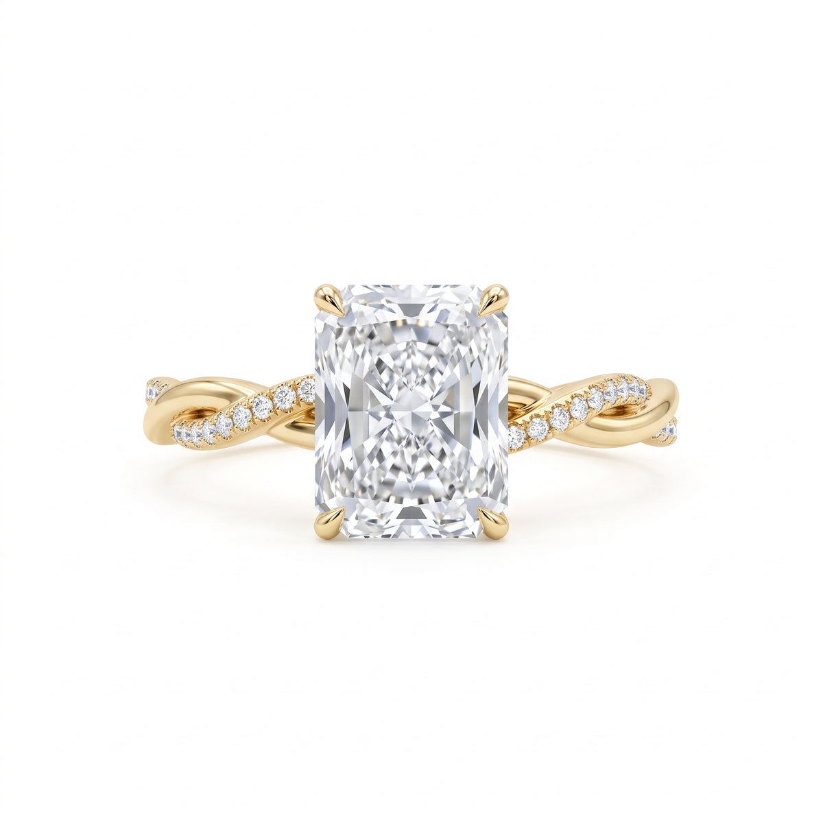 Radiant-cut engagement ring with four claw prongs and a twisted white-metal band combining polished and pavé-set strands