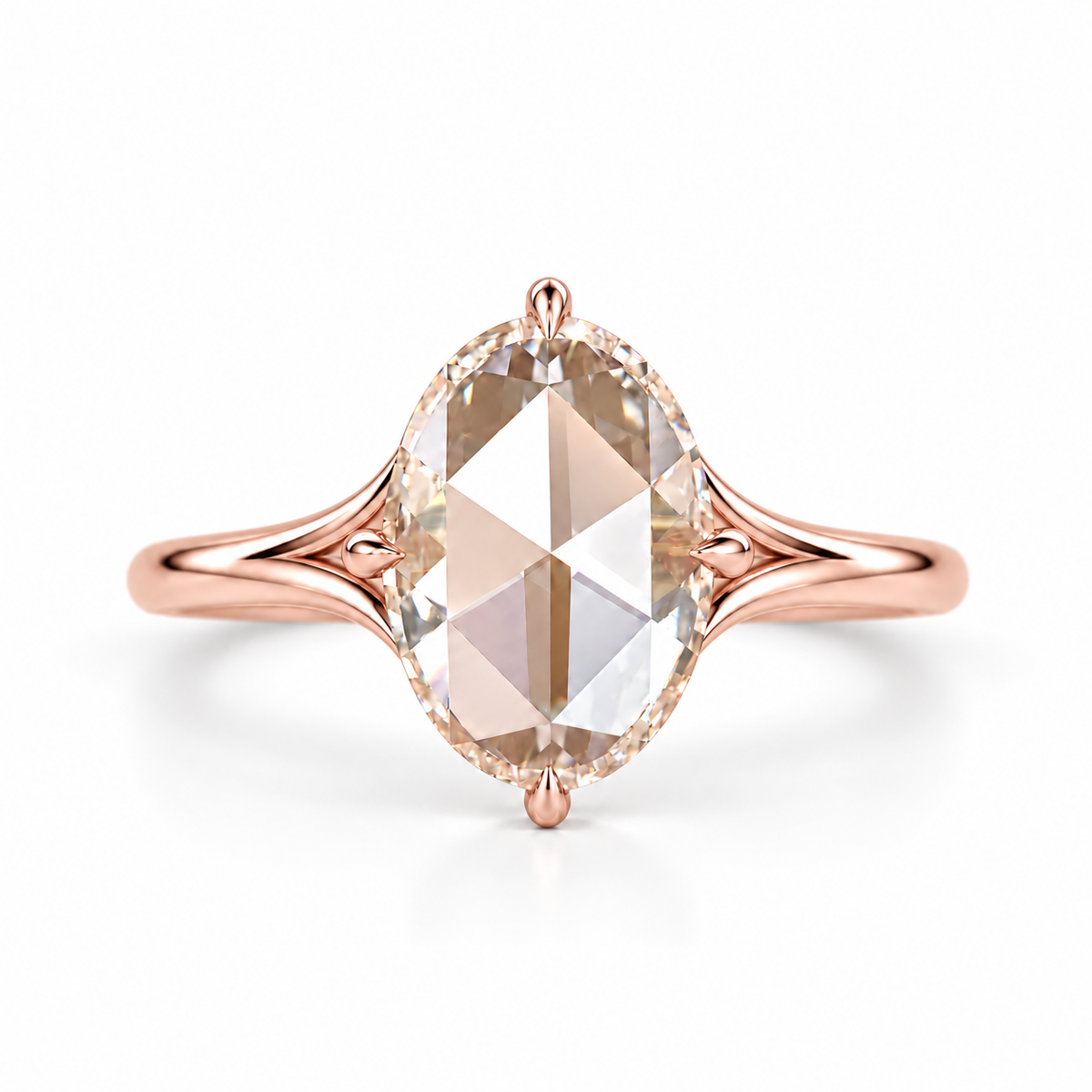 Oval rose-cut lab-grown diamond solitaire engagement ring with a four-prong compass setting and sculpted white-metal band