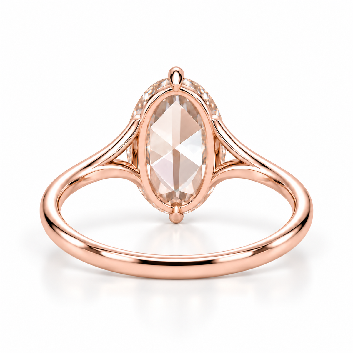 Oval rose-cut lab-grown diamond solitaire engagement ring with a four-prong compass setting and sculpted white-metal band