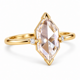 Marquise-cut lab-grown diamond engagement ring with two round side diamonds, V-shaped tip protection and a polished white-metal band