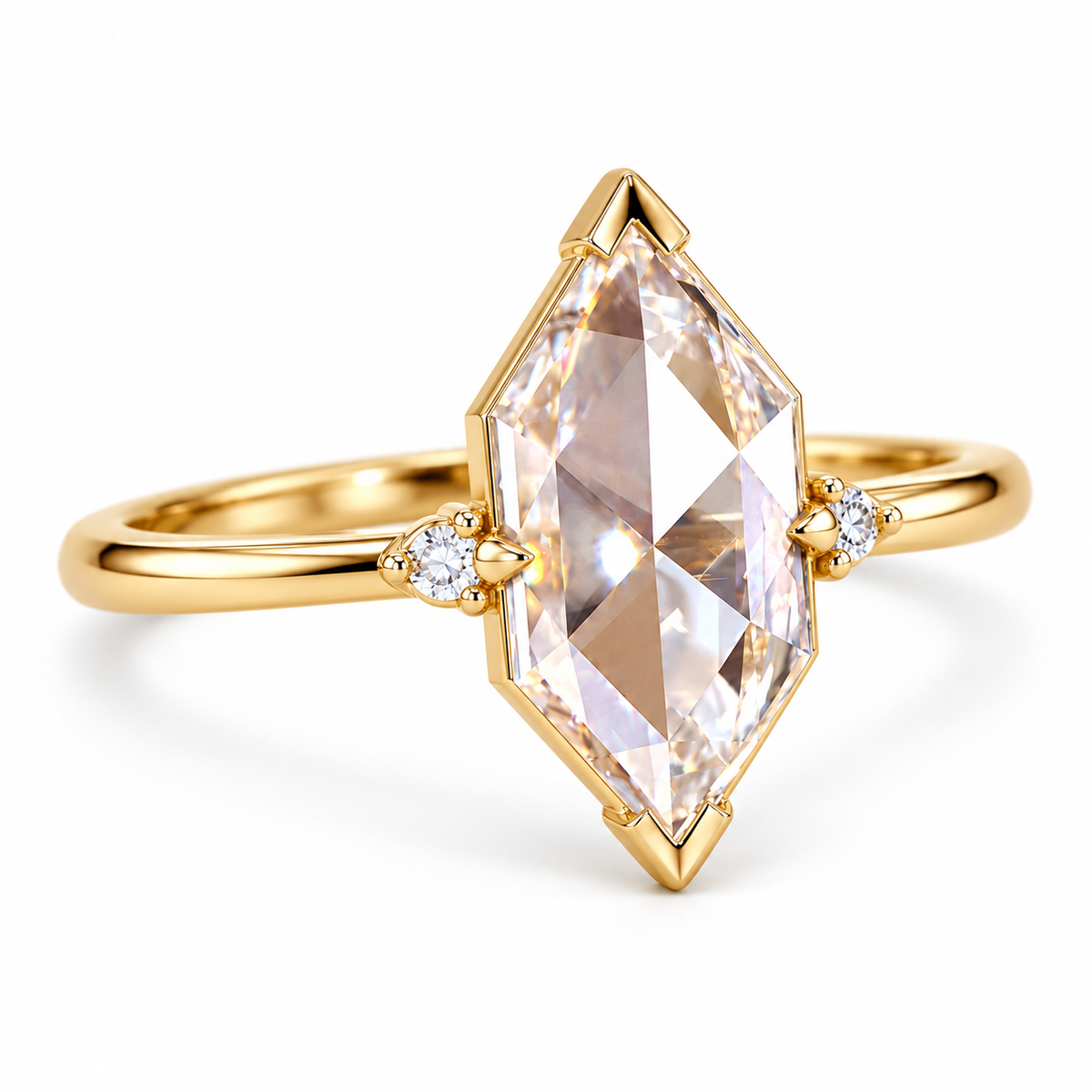 Marquise-cut lab-grown diamond engagement ring with two round side diamonds, V-shaped tip protection and a polished white-metal band