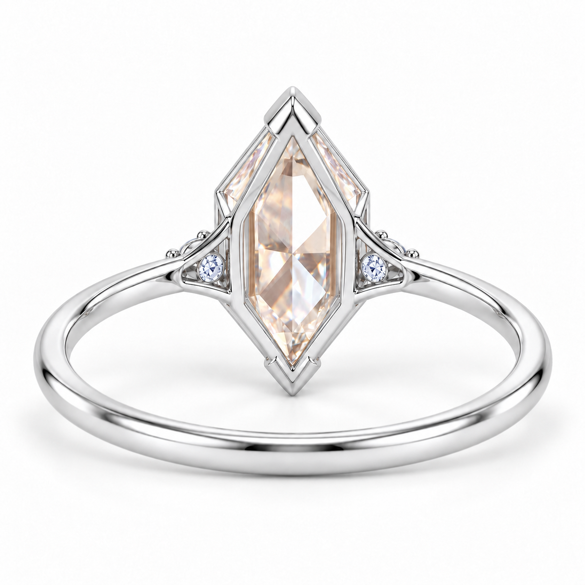 Marquise-cut lab-grown diamond engagement ring with two round side diamonds, V-shaped tip protection and a polished white-metal band