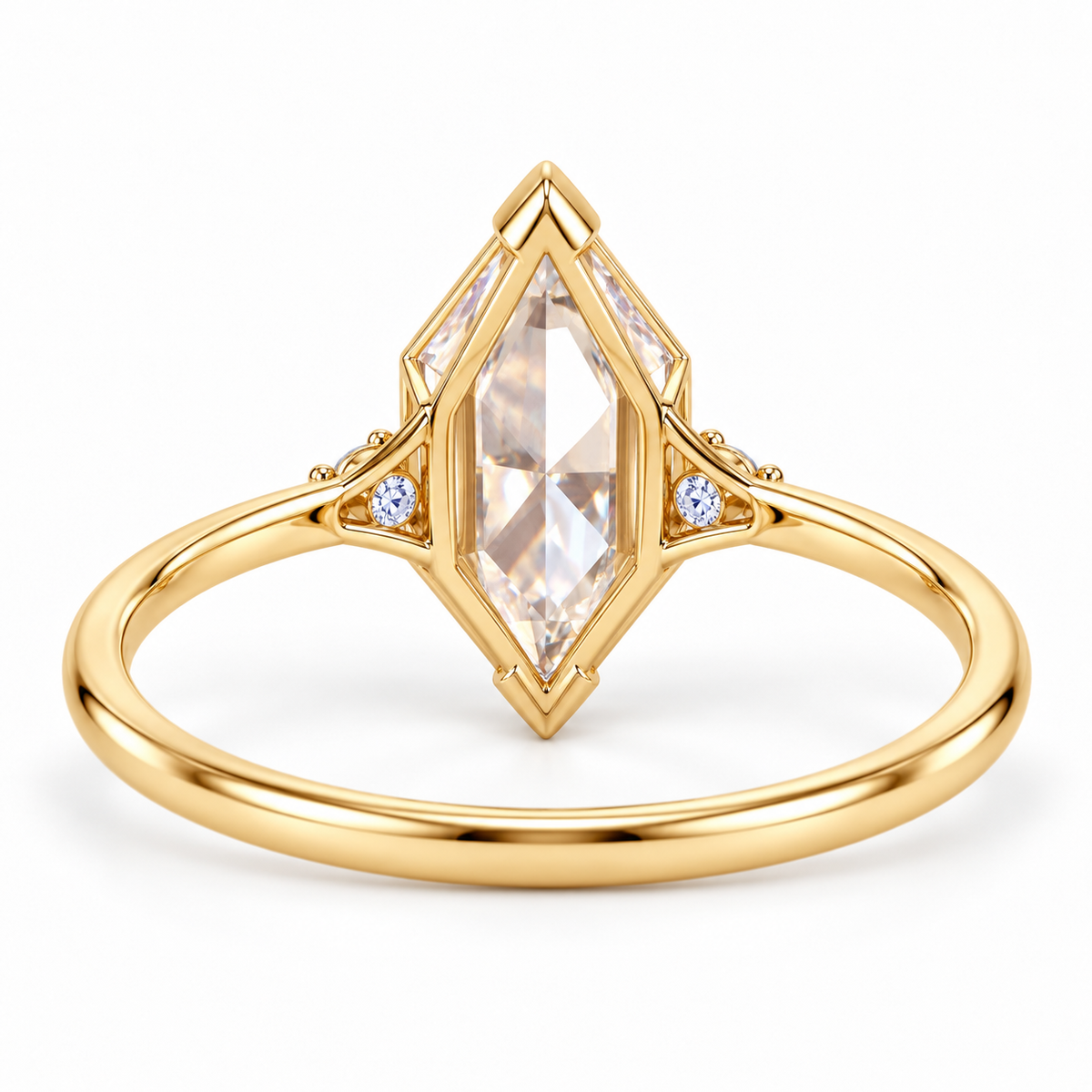 Marquise-cut lab-grown diamond engagement ring with two round side diamonds, V-shaped tip protection and a polished white-metal band