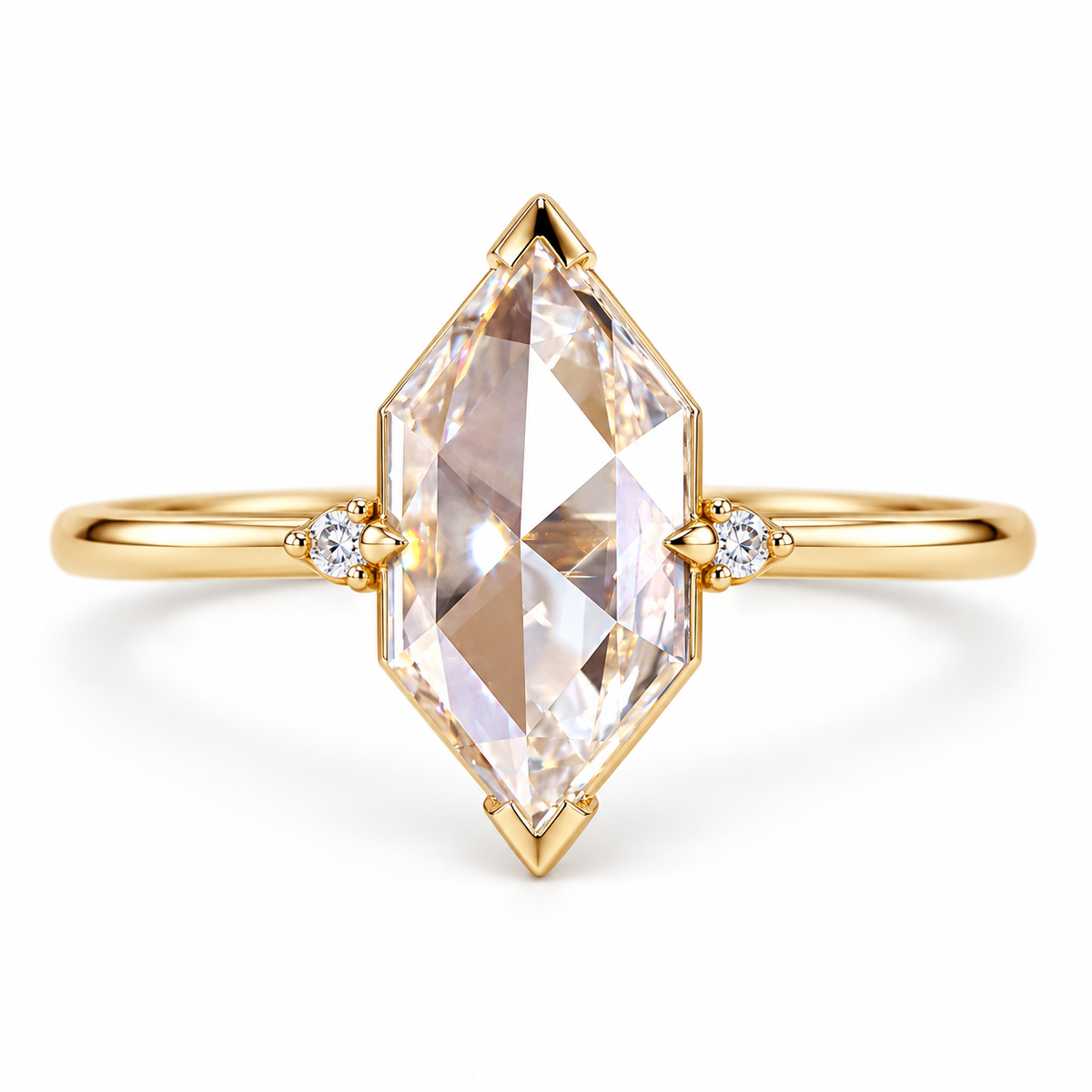 Marquise-cut lab-grown diamond engagement ring with two round side diamonds, V-shaped tip protection and a polished white-metal band