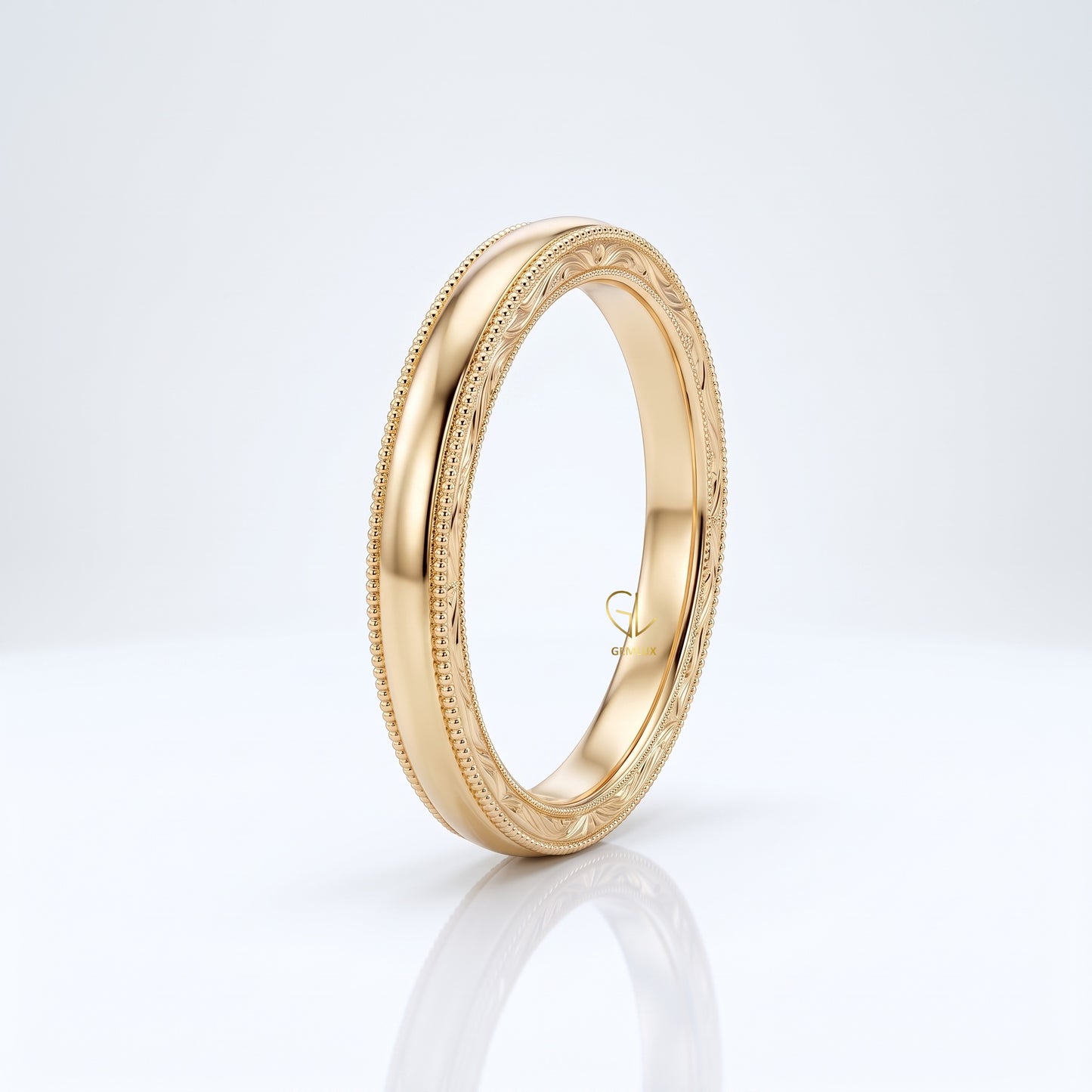 Vintage engraved milgrain wedding band, yellow gold, Gemlux Wedding Collection