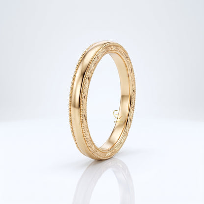Vintage engraved milgrain wedding band, yellow gold, Gemlux Wedding Collection
