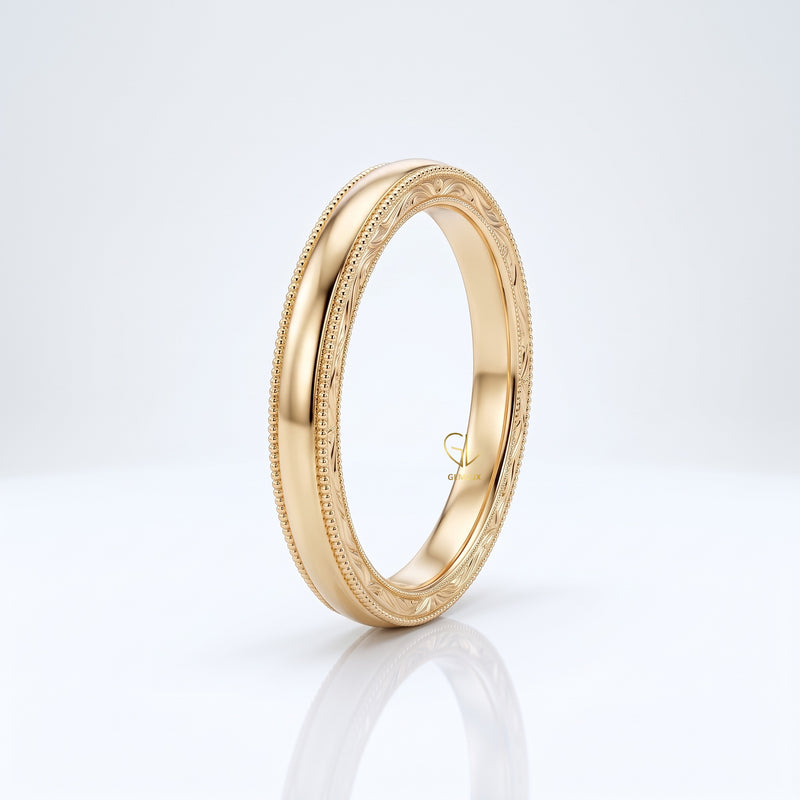Vintage Engraved Milgrain Wedding Band in Solid Gold