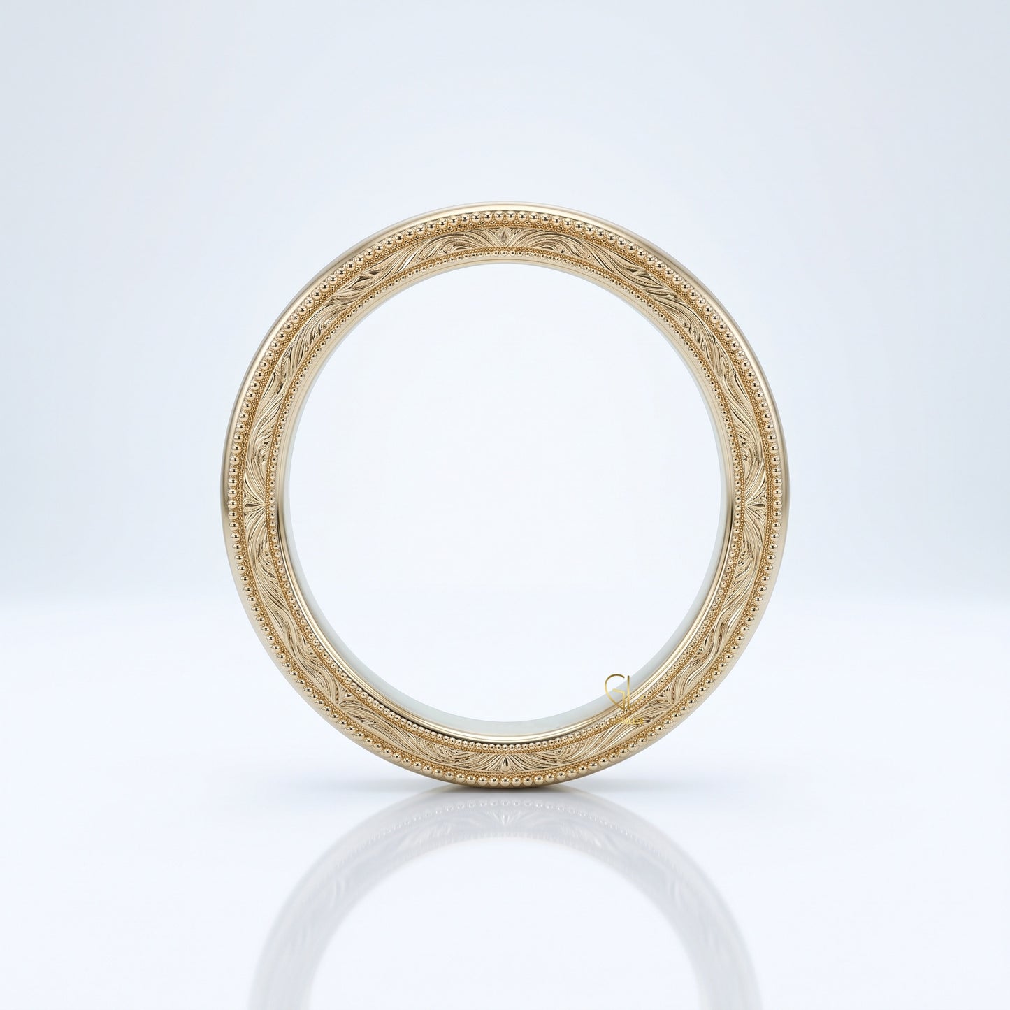 Vintage engraved milgrain wedding band, side angle, Gemlux Wedding Collection