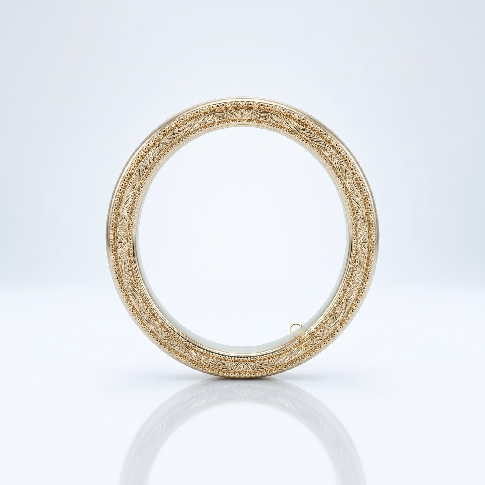 Vintage engraved milgrain wedding band, side angle, Gemlux Wedding Collection