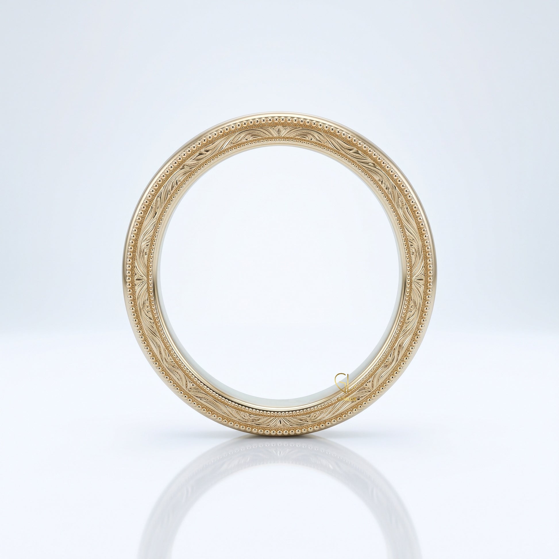 Vintage engraved milgrain wedding band, side angle, Gemlux Wedding Collection