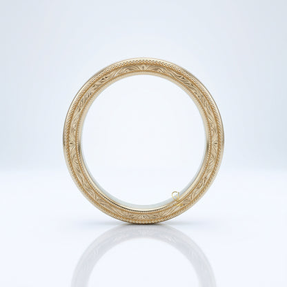 Vintage engraved milgrain wedding band, side angle, Gemlux Wedding Collection