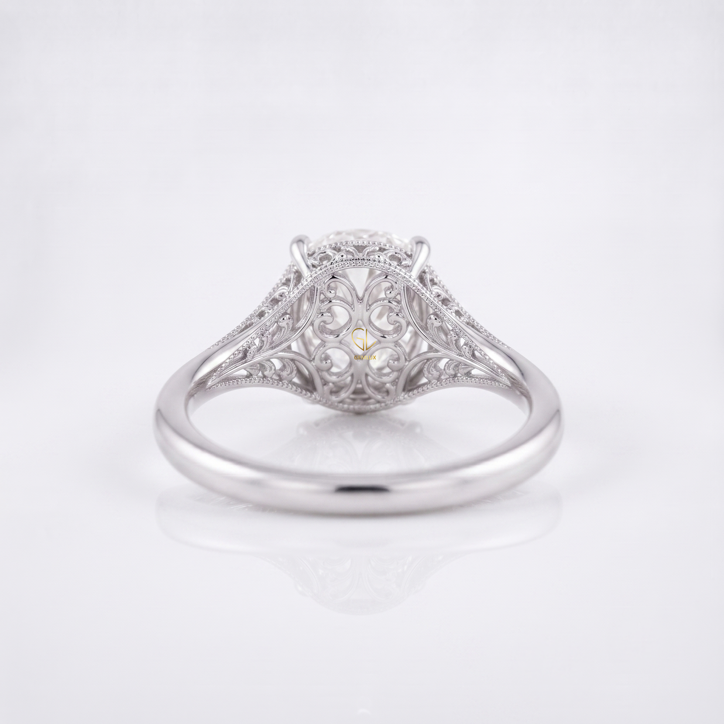 Vintage filigree oval cut lab-grown diamond solitaire ring, additional angle, Gemlux Engagement Collection