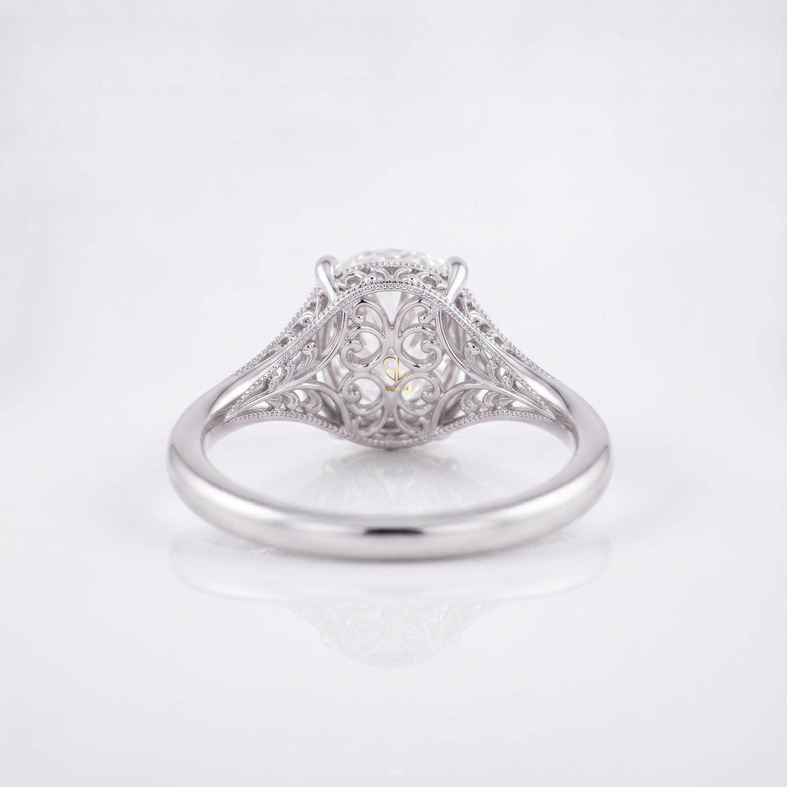 Vintage filigree oval cut lab-grown diamond solitaire ring, additional angle, Gemlux Engagement Collection