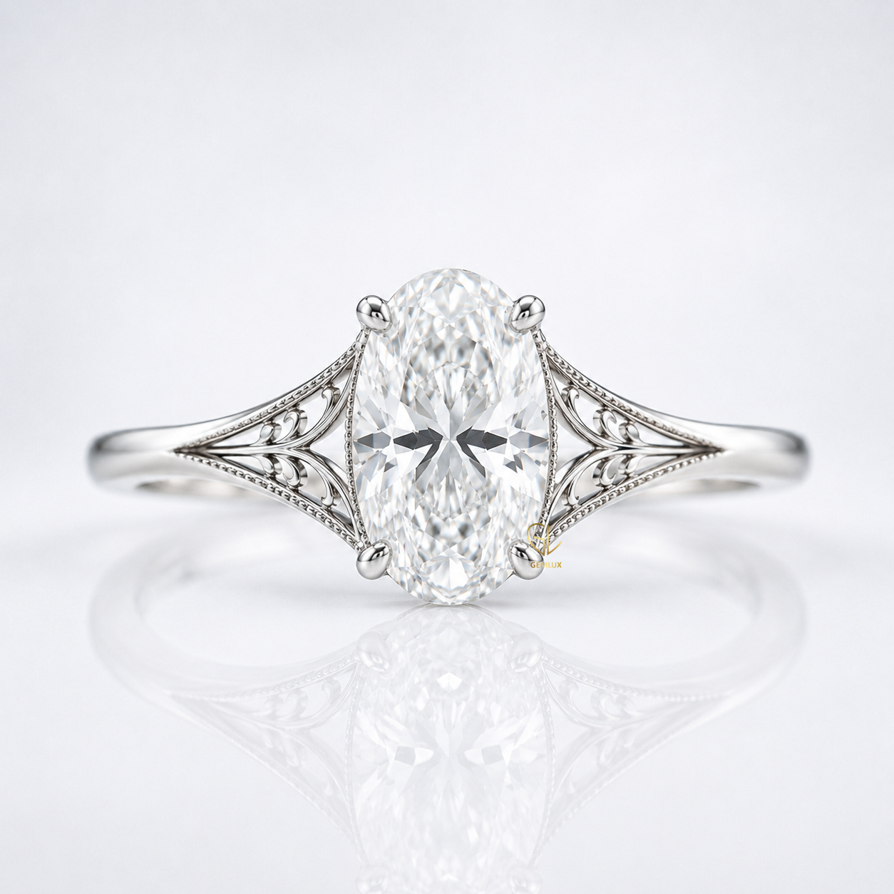 Vintage filigree oval cut lab-grown diamond solitaire engagement ring, IGI certified, Gemlux Engagement Collection
