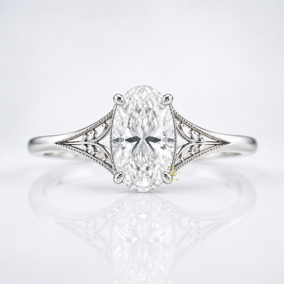 Vintage filigree oval cut lab-grown diamond solitaire engagement ring, IGI certified, Gemlux Engagement Collection