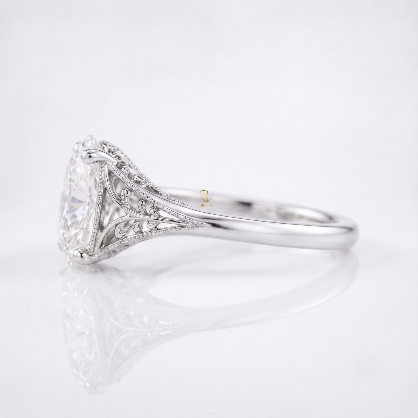 Vintage filigree oval cut lab-grown diamond solitaire ring, side angle, Gemlux Engagement Collection
